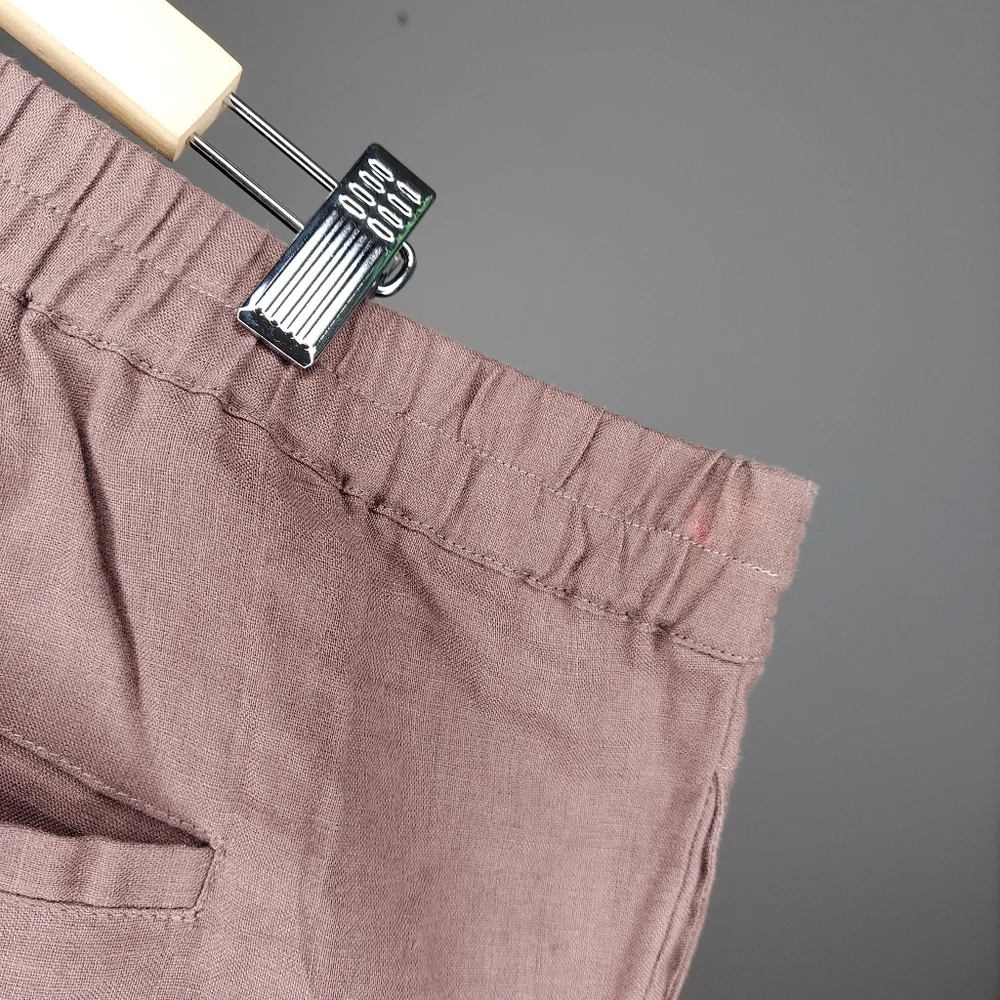 Mariyaab Linen Pants Straight Drawstring Tie Pocket Button Zip Cocoa Brown 42 - Picture 4 of 7